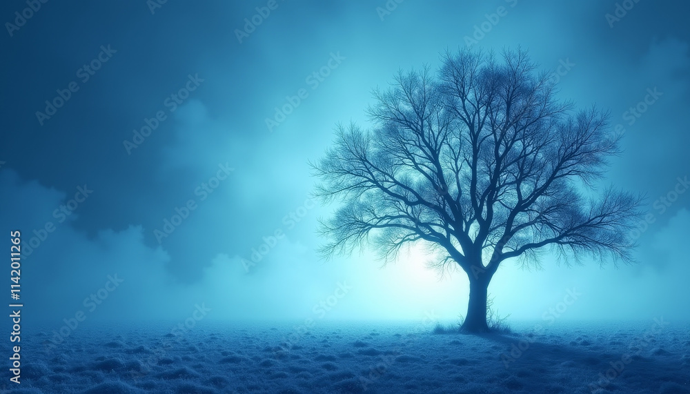 Frosty tree silhouette illuminated by moonlight in a misty atmosphere Frosty tree silhouette illuminated by moonlight in a misty atmosphere