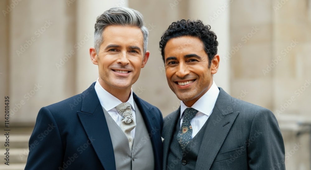 Elegant businessmen smiling outdoors in formal suits featuring diversity and professionalism Elegant businessmen smiling outdoors in formal suits featuring diversity and professionalism