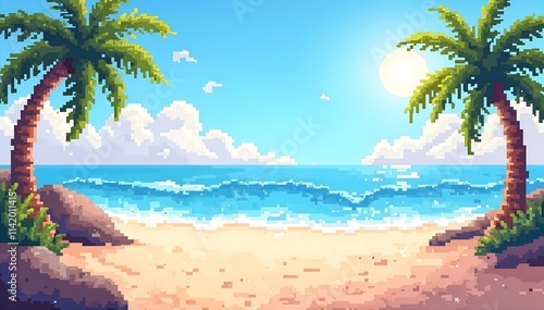 Pixel art beach scene featuring palm trees and a bright sun, evoking a tropical paradise atmosphere
