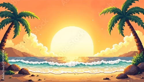 Pixel art beach scene featuring palm trees and a bright sun, evoking a vibrant tropical atmosphere