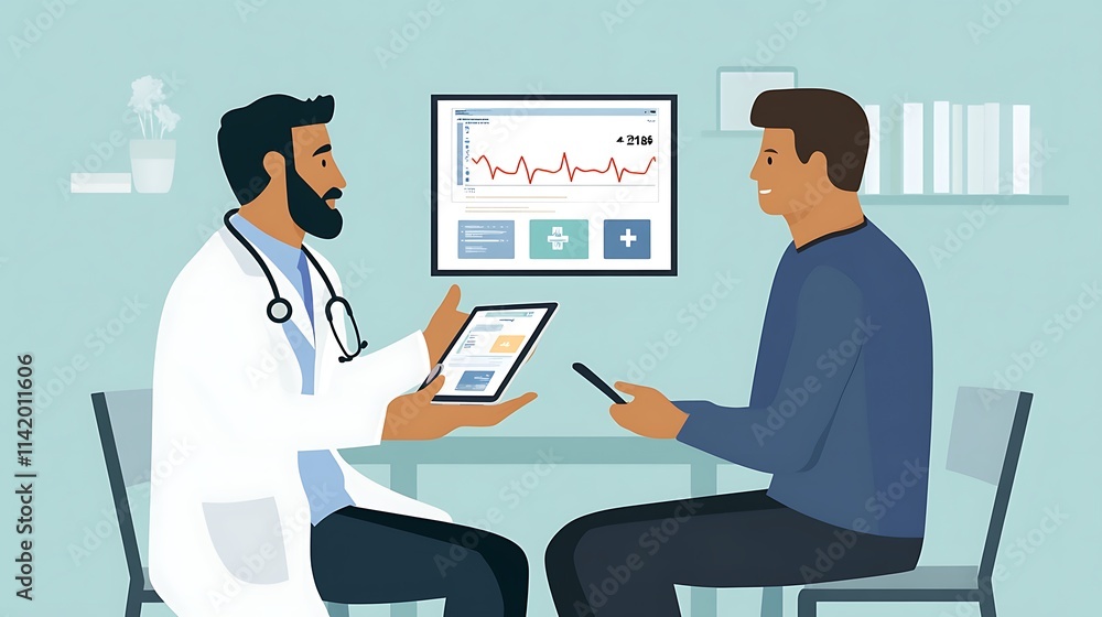 A doctor and patient sitting across from each other, with the doctor explaining health data displayed on a tablet, emphasizing the sharing of information for better care A doctor and patient sitting across from each other, with the doctor explaining health data displayed on a tablet, emphasizing the sharing of information for better care
