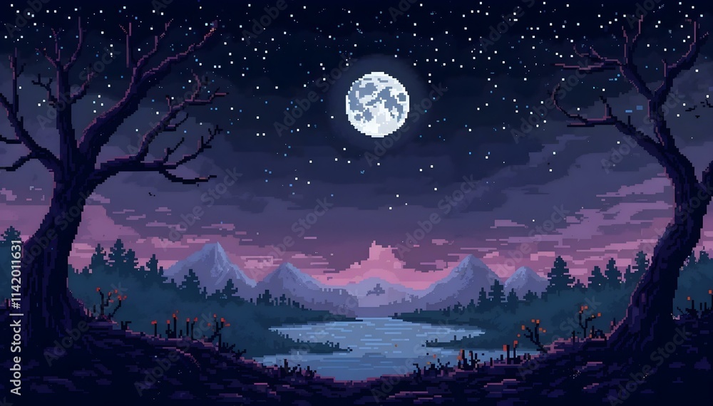 Fototapeta premium A luminous full moon in a clear night sky, with trees standing tall in the foreground, creating a serene landscape. Pixel landscape