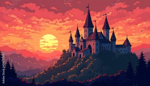 A picturesque castle stands tall at sunset, with colorful skies creating a dramatic backdrop for the enchanting scene. Pixel art