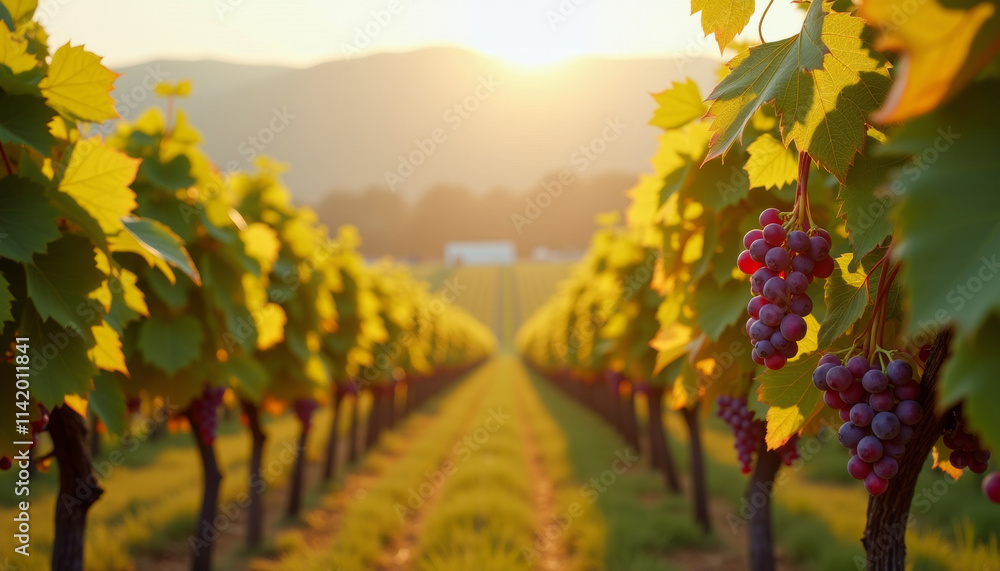 Naklejka premium Sun-Kissed Vineyard at Sunset: A Bountiful Harvest