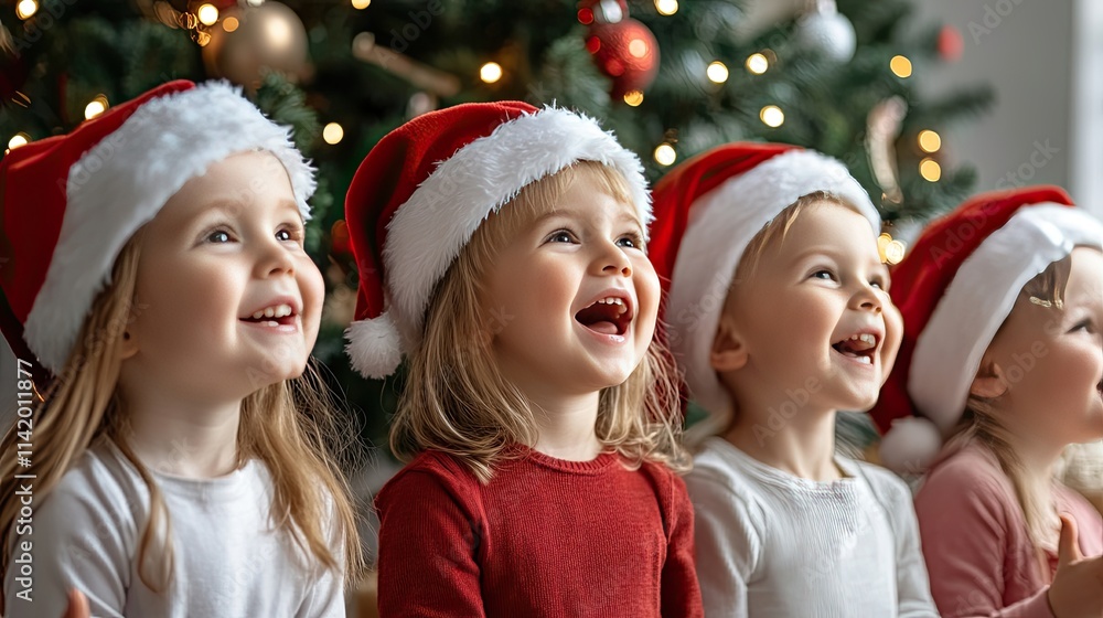 Children wearing Santa hats smile joyfully while standing close together beside a Christmas tree adorned with festive decorations Children wearing Santa hats smile joyfully while standing close together beside a Christmas tree adorned with festive decorations