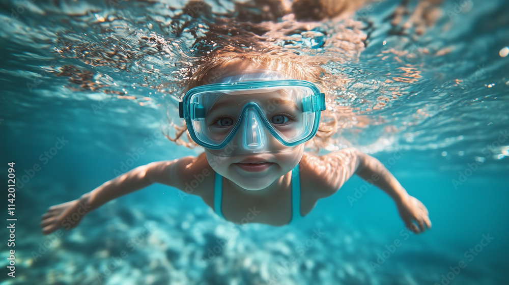 Fototapeta premium Young child with a diving mask and hair swims underwater. Little swimmer explores the underwater world with joy and curiosity during swim lessons. Funny photograph of baby swimming