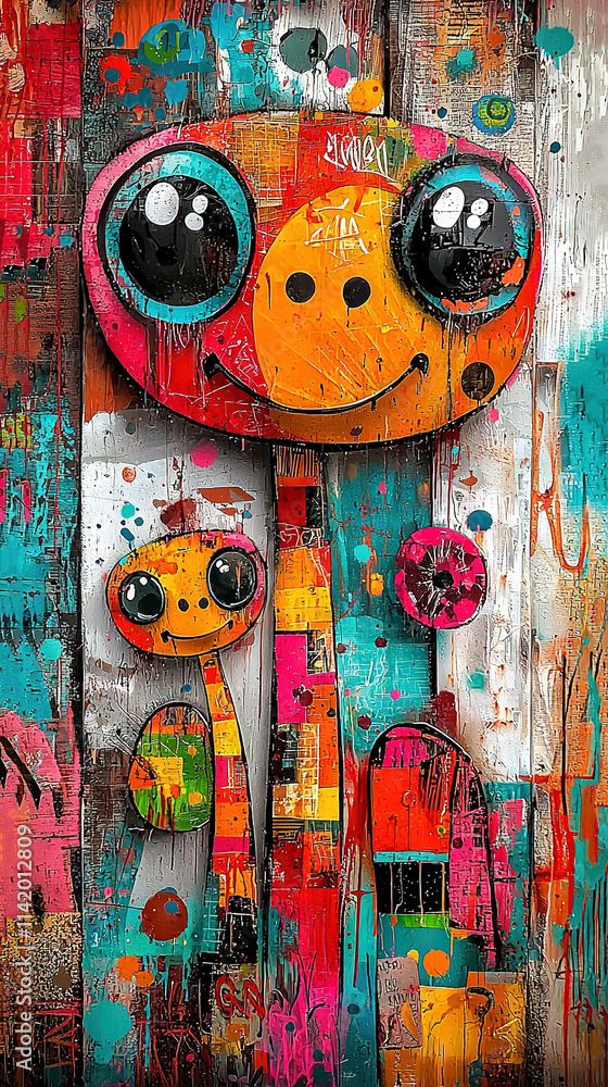 Fototapeta premium A high-resolution image of a wooden panel depicting a dog painting with vibrant colors and visible brushstrokes