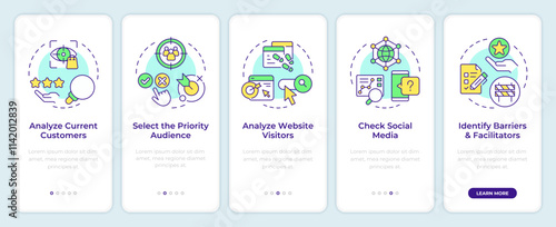 Steps to perform audience analysis onboarding mobile app screen. Walkthrough 5 steps editable graphic instructions with linear concepts. UI, UX, GUI template. Montserrat SemiBold, Regular fonts used