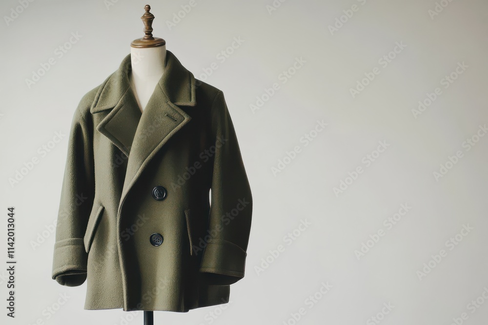 Olive green warm coat on mannequin against white background Olive green warm coat on mannequin against white background