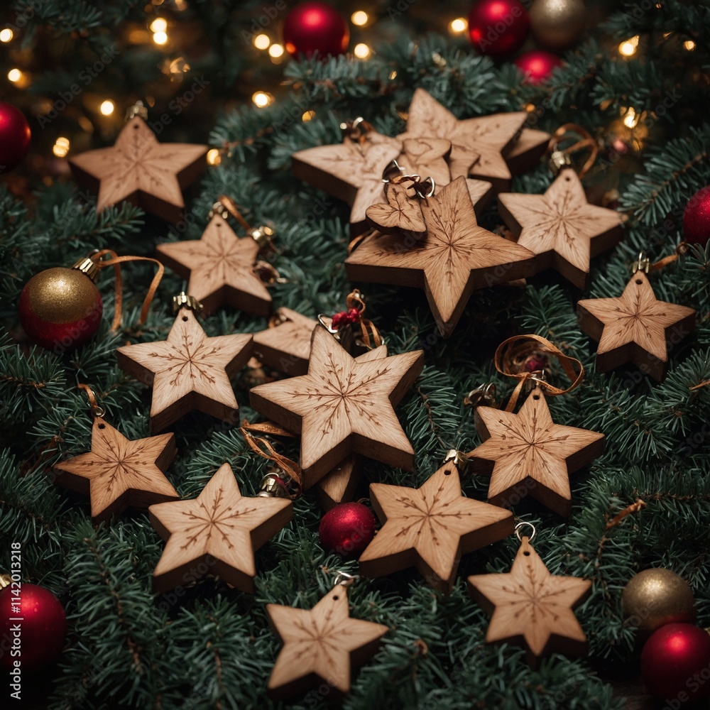 Wooden tree ornaments shaped like stars and hearts.
Wooden tree ornaments shaped like stars and hearts.