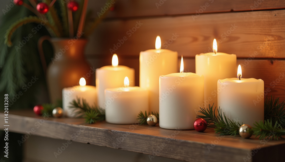 Warm Christmas Candlelight Decor on Wooden Shelf Warm Christmas Candlelight Decor on Wooden Shelf