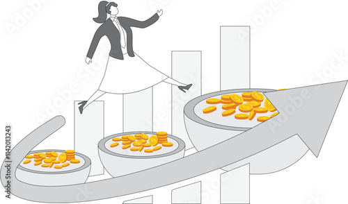 Businesswoman jumping from stack of gold coins in small bowl to stack of gold coins in big bowl, salary increase for job promotion, business profit improvement and increase, self-improvement and progr