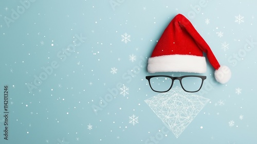 A whimsical depiction of a Santa Claus with hat, glasses and digital web beard, surrounded by delicate snowflakes on a soft blue background. Christmas and New Year festive concept with copy space.