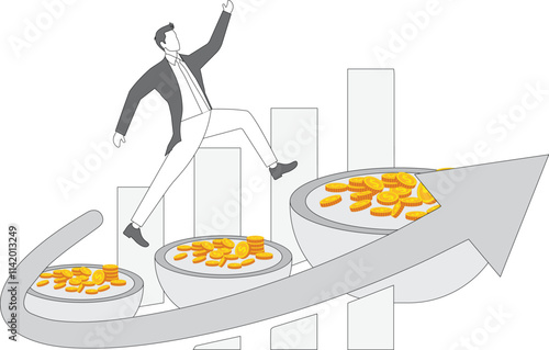 Businessman jumping from stack of gold coins in small bowl to stack of gold coins in big bowl, salary increase for job promotion, business profit improvement and increase, self-improvement and progres