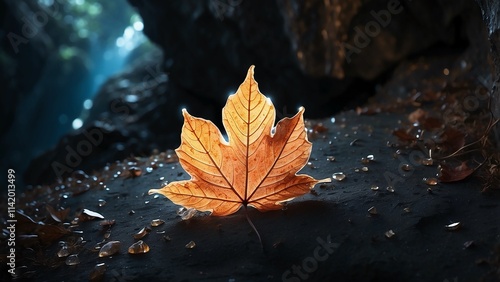  A solitary leaf glowing mysteriously in a dark cave adorned with crystals photo