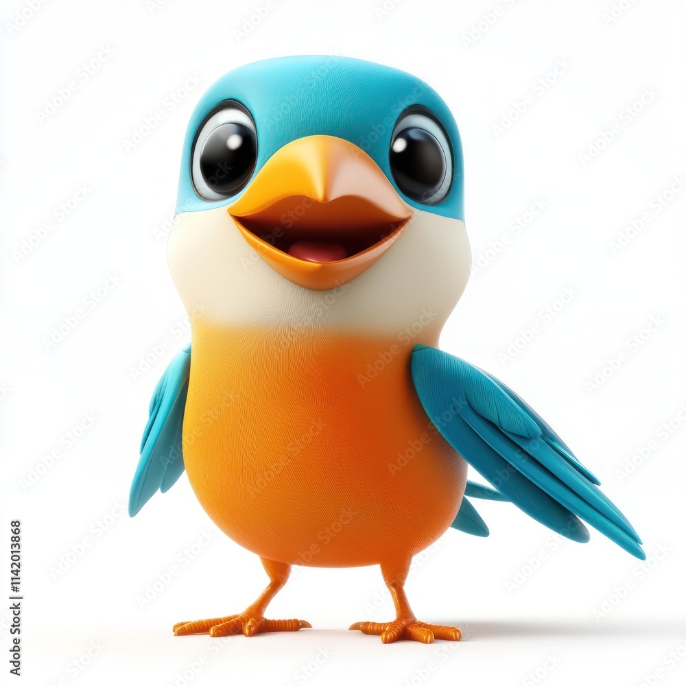 Obraz premium Cute chubby blue and orange bird with big eyes and cheerful expression, detailed 3D render, vibrant colors