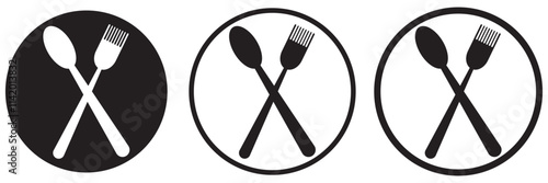 Silverware solid monochrome icon set. Fork, Spoon and Knife icons. Fork, spoon, knife and plate. Menu symbol. Tableware instruments. Restaurant icon. Food, plate, fork, knife, spoon, cutlery icon set.