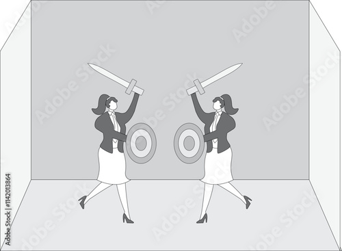 War and conflict, two businesswomen holding swords and shields and fighting together