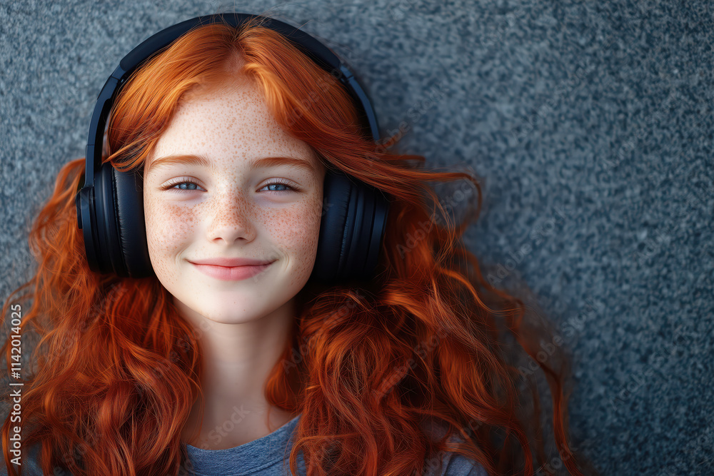 Fototapeta premium Portrait of smiling red-haired curly teenage girl with freckles listening to music with headphones