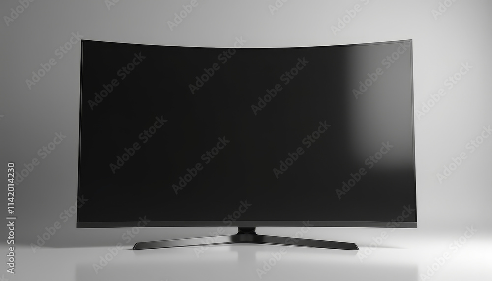 Curved 3D TV mockup with black screen on a sleek gray background with copy space Curved 3D TV mockup with black screen on a sleek gray background with copy space