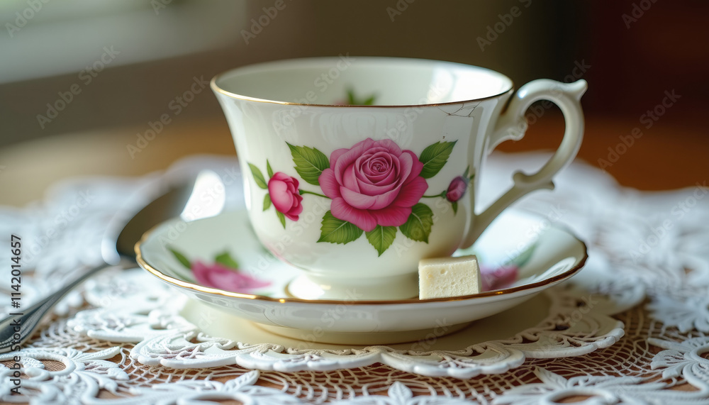 Fototapeta premium Elegant Vintage Tea Cup with Pink Roses