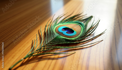 Peacock Feather on Wooden Surface photo