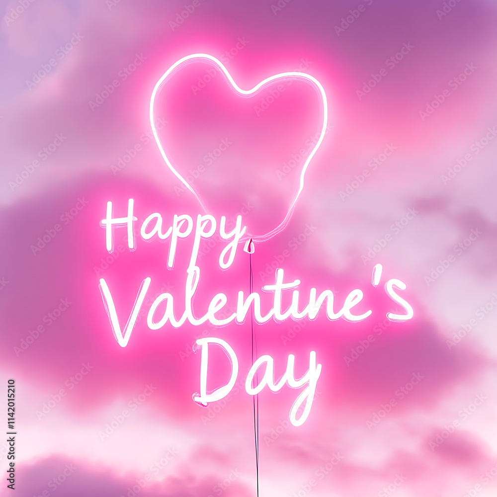 Fototapeta premium Pink Neon Cloud Happy Valentine's Day Graphic. A vibrant, digitally created graphic featuring a pink, cloud-shaped neon sign that says 
