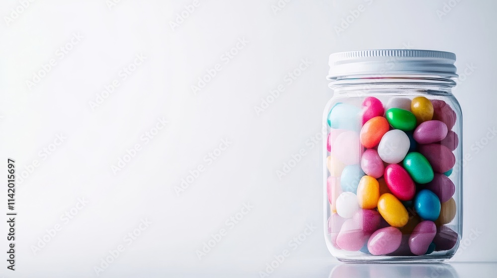 A clear glass jar filled with colorful candies, showcasing a variety of vibrant hues and enticing shapes, perfect for sweet indulgence. A clear glass jar filled with colorful candies, showcasing a variety of vibrant hues and enticing shapes, perfect for sweet indulgence.