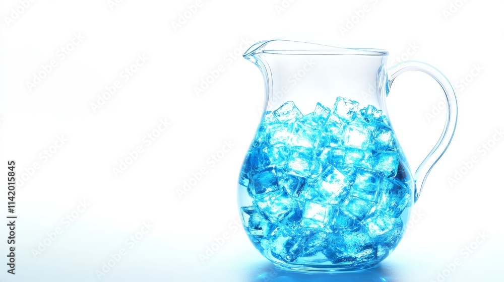 A clear glass pitcher filled with sparkling blue ice cubes, perfect for refreshing summer beverages. A clear glass pitcher filled with sparkling blue ice cubes, perfect for refreshing summer beverages.