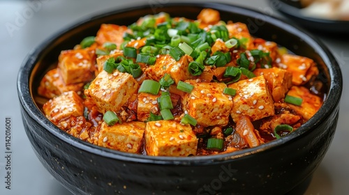 Flavorful Spicy Mapo Tofu Vegan Asian Cuisine Close-Up Delight