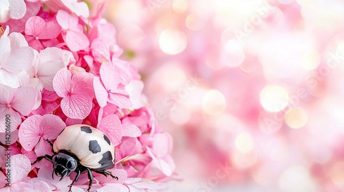   A ladybug perched atop a pink blossom amidst an array of similar blooms, set against a hazy backdrop photo