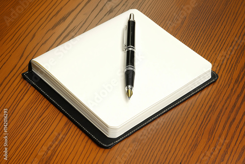 A minimalist desk setup with a blank notebook and pen on a wooden surface