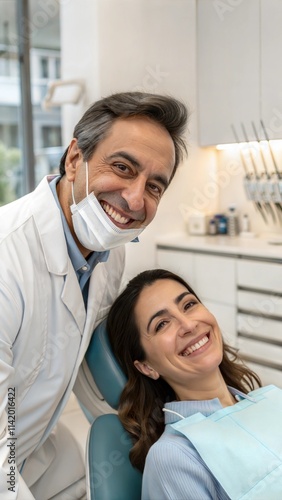 Smiling dentist and patient at dental clinic