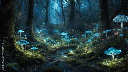 A tiny enchanted forest filled with bioluminescent foliage 