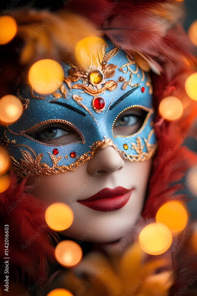 Mystery woman in colorful venetian mask on black bokeh background. Mardi Gras, Purim traditional masquerade party concept. Mystery carnival backdrop for design card, banner Mystery woman in colorful venetian mask on black bokeh background. Mardi Gras, Purim traditional masquerade party concept. Mystery carnival backdrop for design card, banner