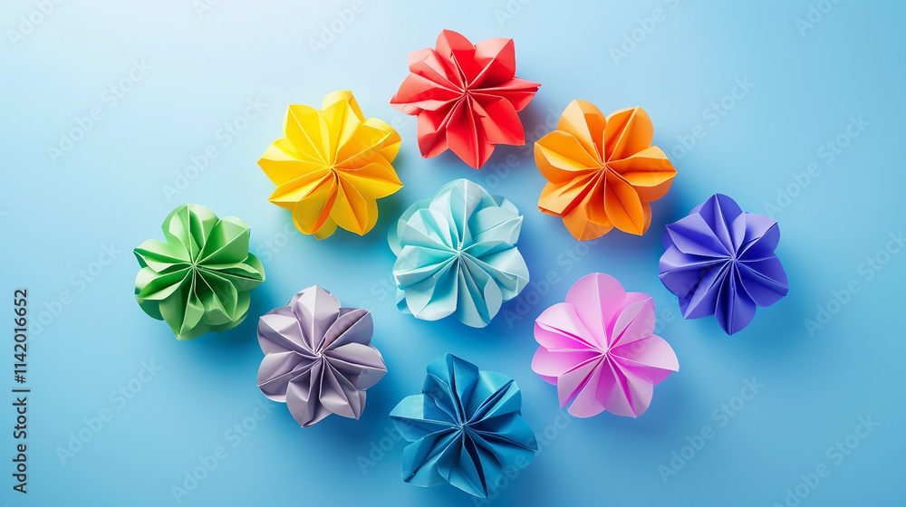 Fototapeta premium A colorful set of multicolor handmade modular origami balls (kusudama) isolated on a vibrant blue background, showcasing the intricate art of Japanese paper folding.