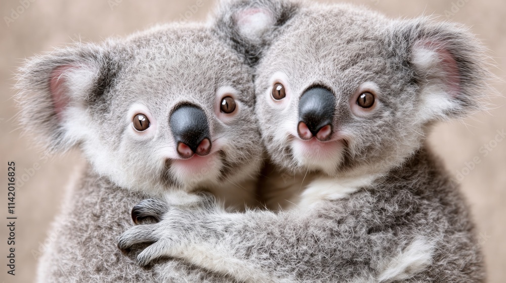 Obraz premium Two adorable koalas hugging, close-up portrait showing affectionate behavior and expressive faces with bright eyes and fuzzy ears, displaying natural bonding. 8k