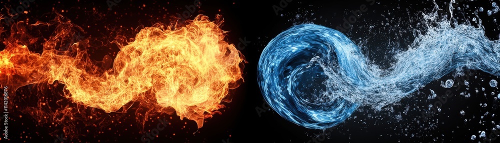 A dynamic contrast of fire and water swirling together, symbolizing elemental forces of nature in a visually striking composition. A dynamic contrast of fire and water swirling together, symbolizing elemental forces of nature in a visually striking composition.