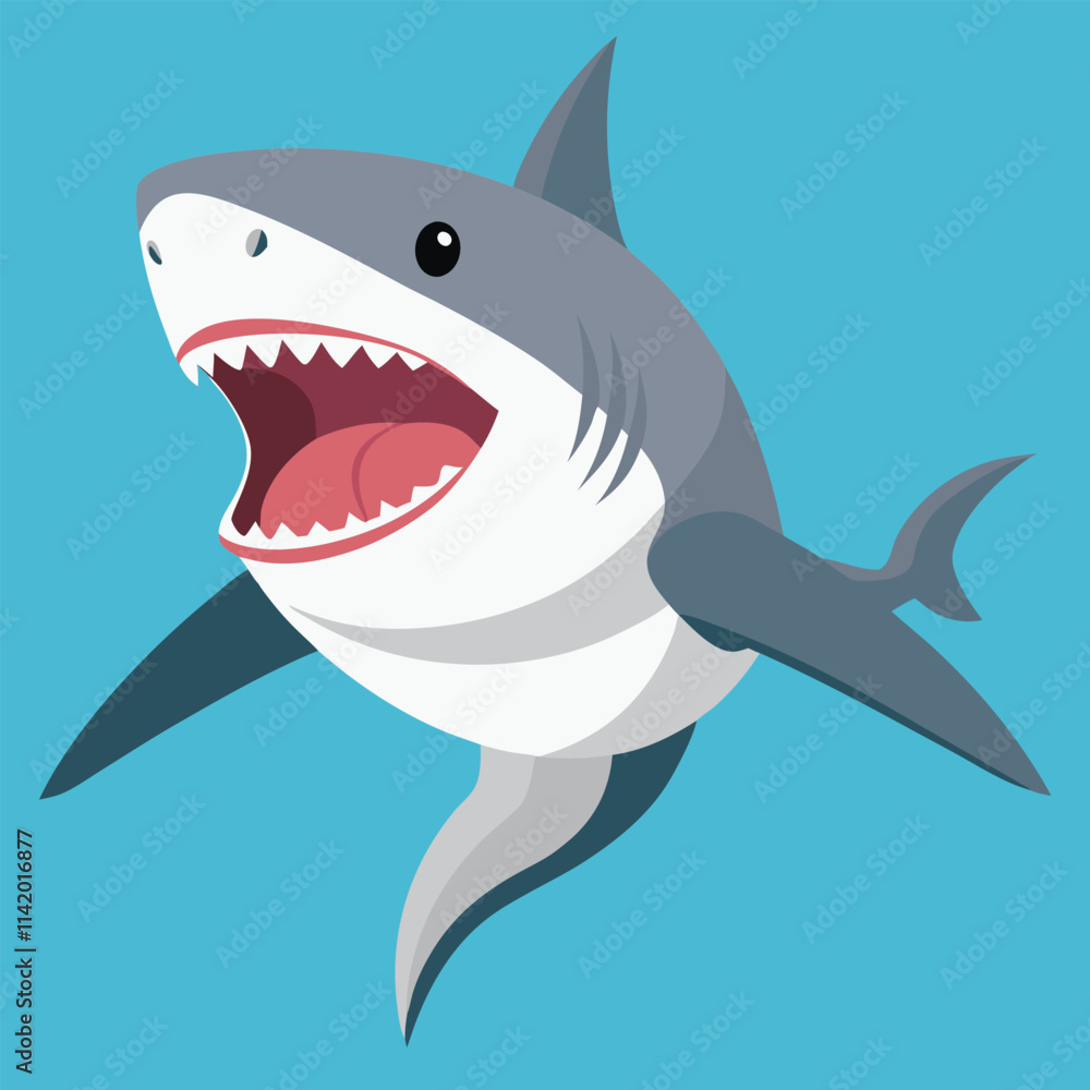 Cartoon shark, a blue marine predator with a fin and sharp teeth, isolated on white Cartoon shark, a blue marine predator with a fin and sharp teeth, isolated on white