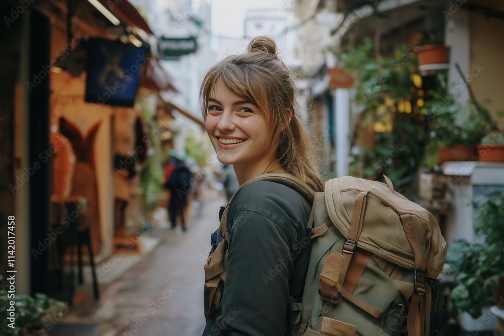 smiling tourist with backpack smiling tourist with backpack