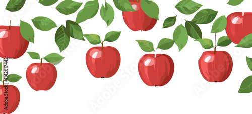 A vibrant row of perfectly red apples beautifully hangs from a sturdy branch that is adorned with lush, green leaves, creating a truly picturesque scene