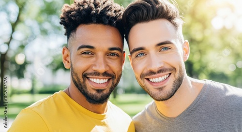 Diverse young men smiling in sunny park setting for friendship and diversity concepts