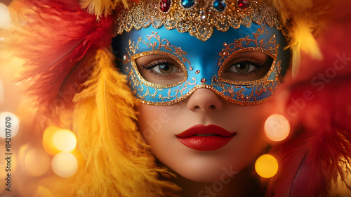 Mystery woman in colorful venetian mask on black bokeh background. Mardi Gras, Purim traditional masquerade party concept. Mystery carnival backdrop for design card, banner