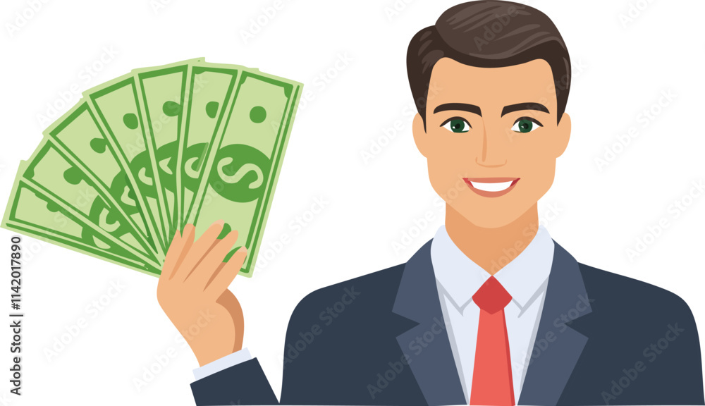A man wearing a formal suit and tie is confidently holding a fan of cash money, displaying his satisfaction with a pleased expression on his face A man wearing a formal suit and tie is confidently holding a fan of cash money, displaying his satisfaction with a pleased expression on his face