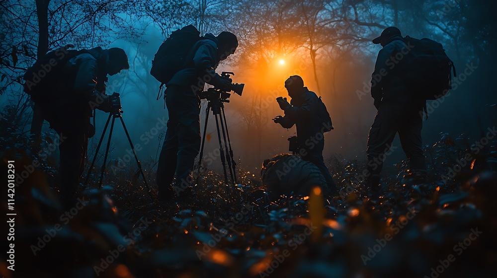 Fototapeta premium Film Crew Shooting Night Scene In Mysterious Forest