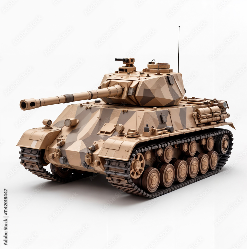 A Military Panzer Tank war vehicle with brown desert camouflage color, The sleek 3d deformed style against an isolated white background A Military Panzer Tank war vehicle with brown desert camouflage color, The sleek 3d deformed style against an isolated white background