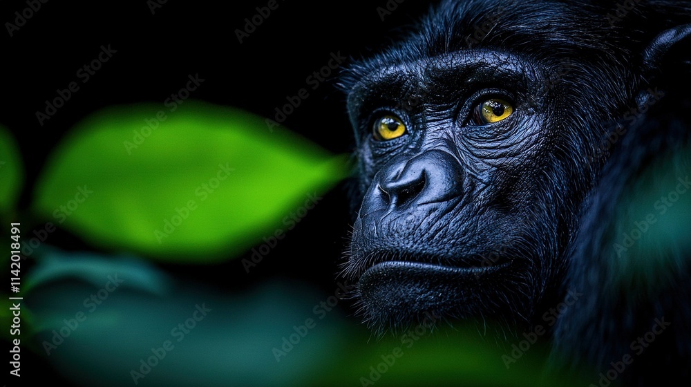 A close-up of a monkey's face with a green leaf in the foreground and a black background A close-up of a monkey's face with a green leaf in the foreground and a black background