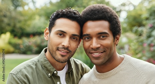 Diverse friendship between young hispanic and african american men in outdoor garden setting