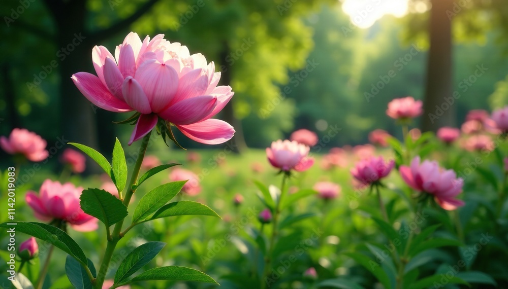 Pink peony flowers in a lush green garden with tall trees and bushes, foliage, blossoms, peony flowers Pink peony flowers in a lush green garden with tall trees and bushes, foliage, blossoms, peony flowers