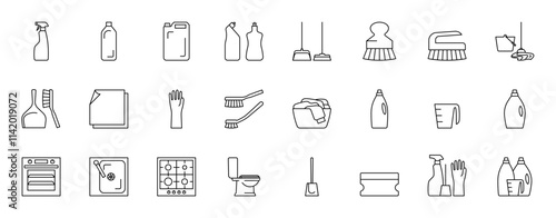 Cleaning icon set. Housekeeping and laundry related icons - supplies, detergents, cleaner, dustpan, brush, gloves, laundry basket, bleach, laundry powder. Linear illustrations, editable